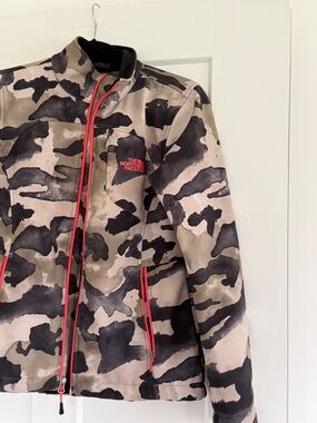 The North Face Women’s Beige & Black Camo Utility Jacket with Red Accents